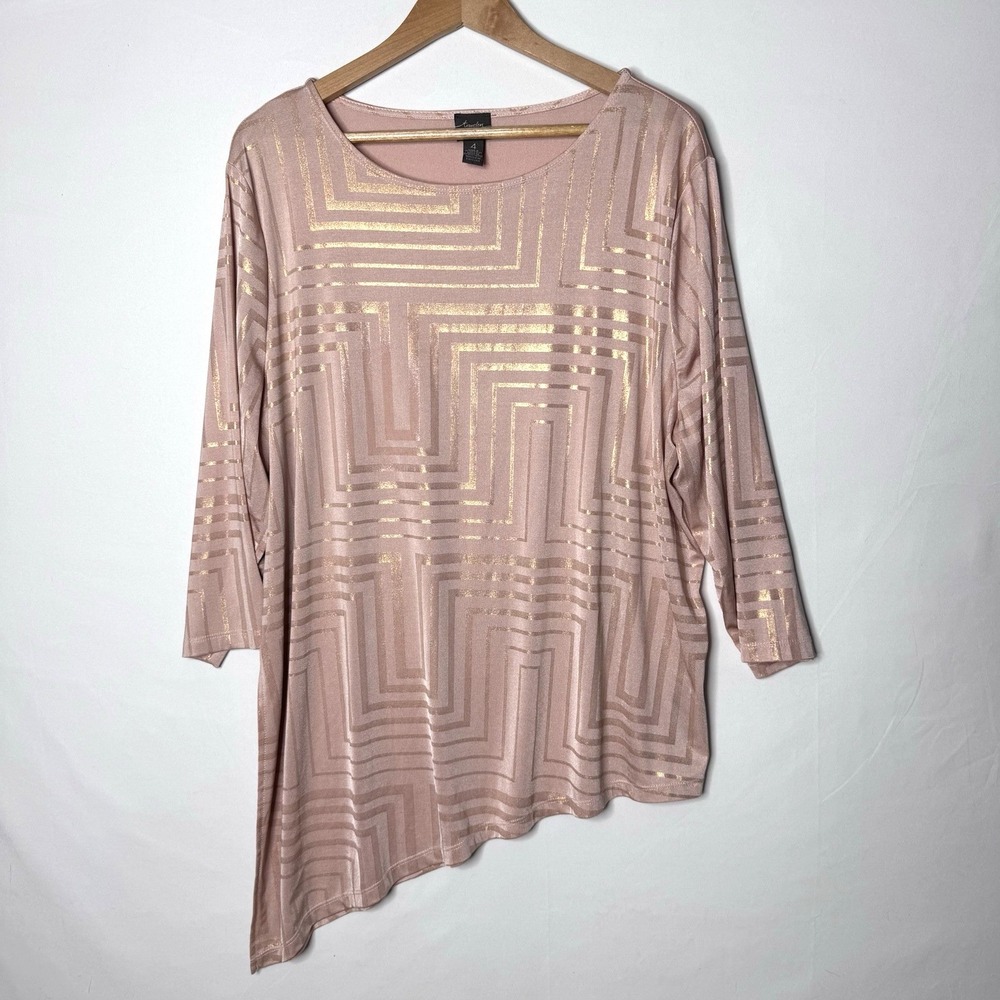Chicos‎ Travelers Tunic Top 4 Pink Gold Shimmer Sz 2X Asymmetric Hem 3/4 Sleeve